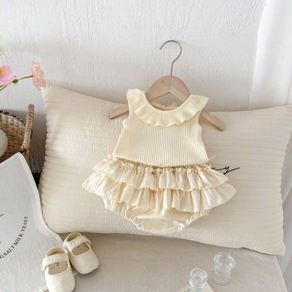 Summer Baby Kids Girls Solid Color Sleeveless Ruffle Collar Vest And Skirt Clothing Set-4