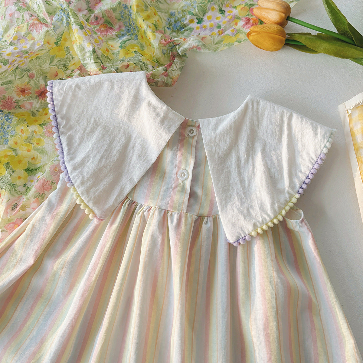 Summer Arrival Baby Kids Girls Sleeveless Boats Pattern Embroidered Striped Dress-1