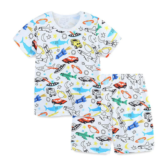 Summer Baby Kids Animals and Cars Cartoon Pattern T-shirt and Shorts Casual Clothing Set for Boys-0