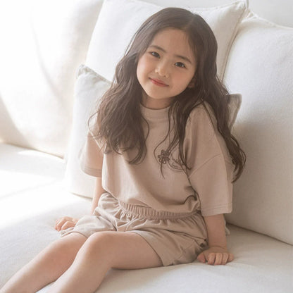 Summer Hot Selling Baby Kids Unisex Short Sleeves Teddy Logo Pattern T-Shirt and Plain Shorts Clothing Set-1