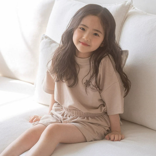 Summer Hot Selling Baby Kids Unisex Short Sleeves Teddy Logo Pattern T-Shirt and Plain Shorts Clothing Set-1