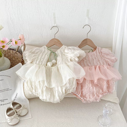 Summer Arrival Baby Girls Ruffle Design Short Sleeves Onesies-0