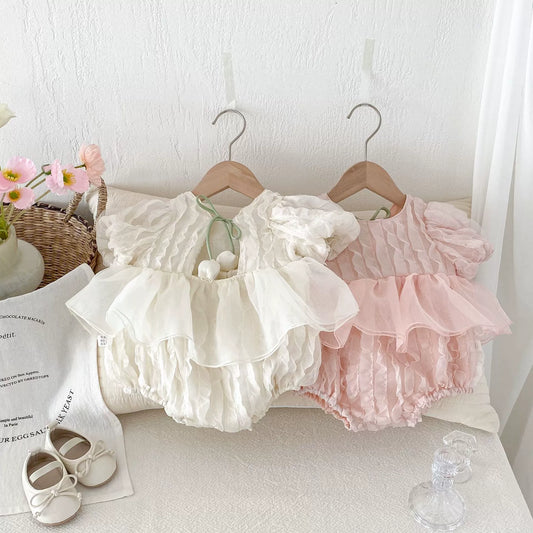 Summer Arrival Baby Girls Ruffle Design Short Sleeves Onesies-0
