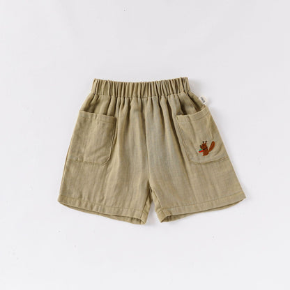 Summer Arrival Kids Unisex Cotton Casual Style Animals Embroidered Pattern Pocketed Shorts-4