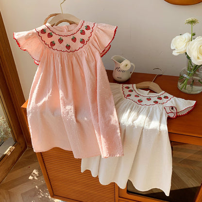 Summer Arrival Baby Kids Girls Cute Fly Sleeves Strawberry Pattern Embroidered Dress-4