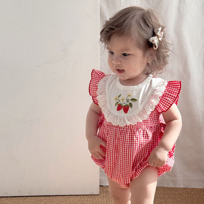 Summer Arrival Baby Cute Plaid Sleeveless Strawberry Embroidered Onesies-2