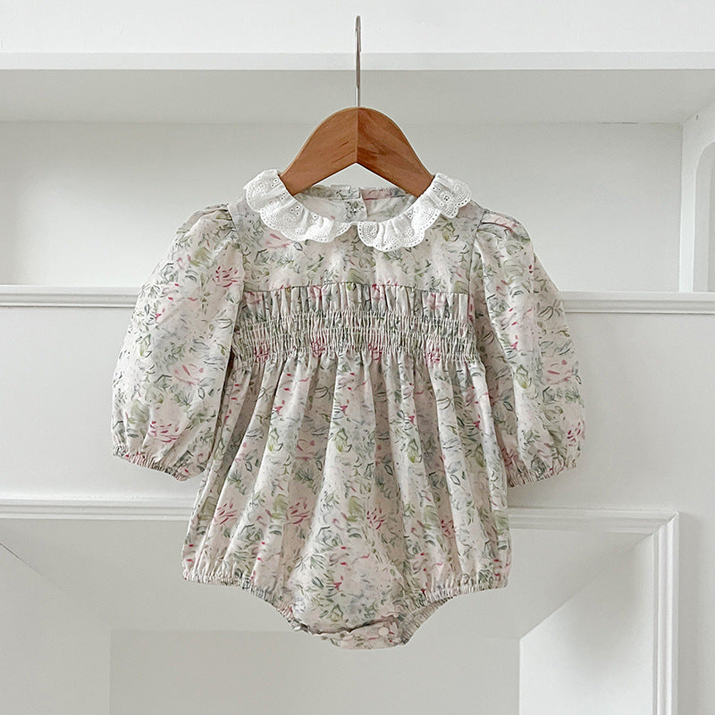 Arrival Autumn Baby Kids Girls Long Sleeves Light Green Floral French Collar Onesies and Dress – Princess Sister Matching Set