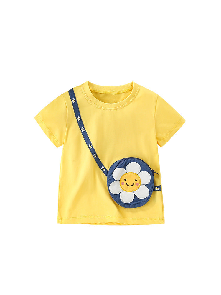 Girls’ Sunflower Cartoon Pattern Pocket Bag Short Sleeves T-Shirt In European And American Style For Summer-0