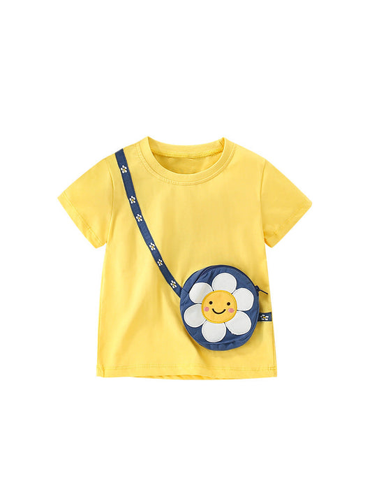 Girls’ Sunflower Cartoon Pattern Pocket Bag Short Sleeves T-Shirt In European And American Style For Summer-0