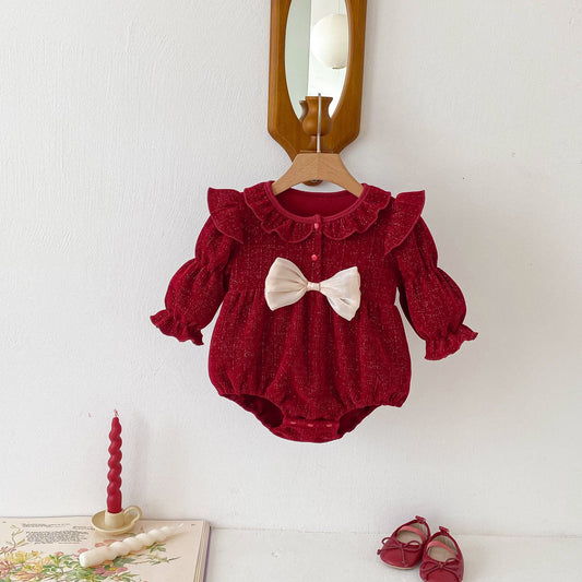 Autumn Arrival Baby Girls Long Sleeves Red Knitted Onesies-0