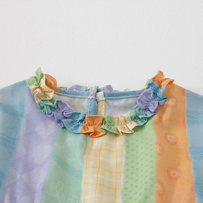 Summer Arrival Baby Kids Girls Short Sleeves Geometric Striped Pattern Dress-3