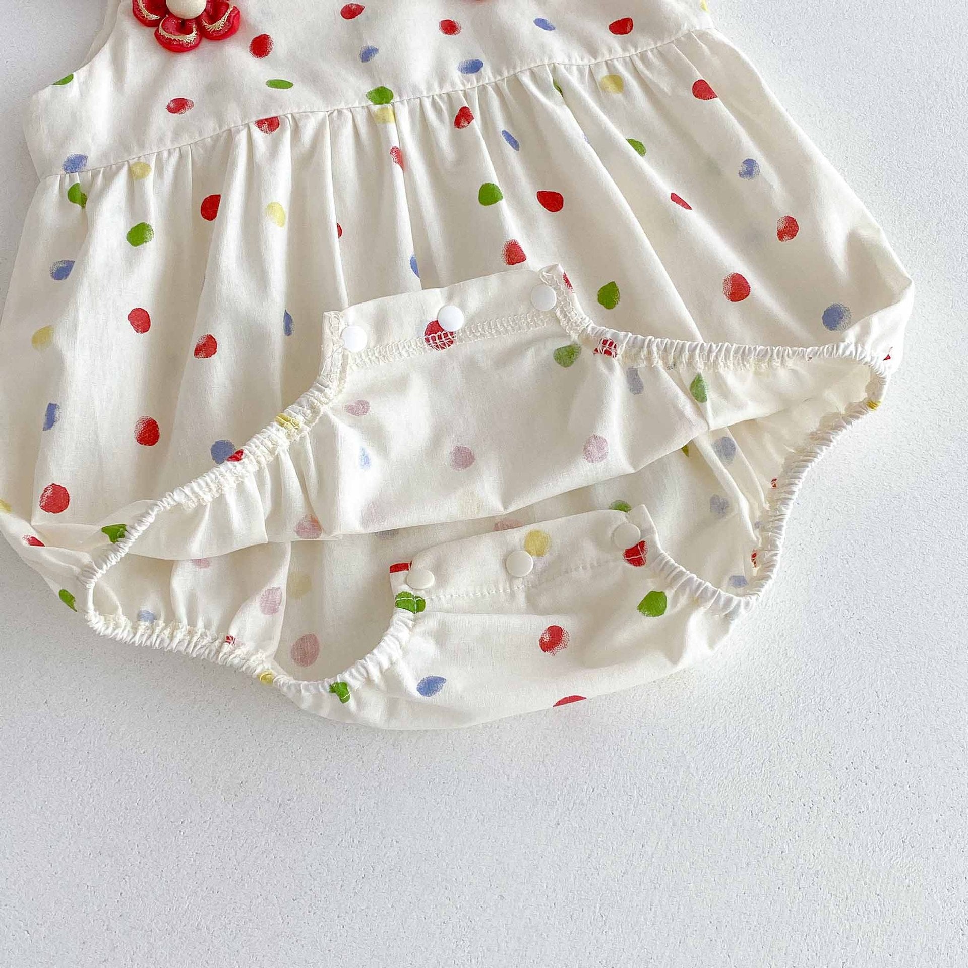 Summer Arrival Baby Girls Cute Sleeveless Colorful Dots Pattern Strap Onesies-4