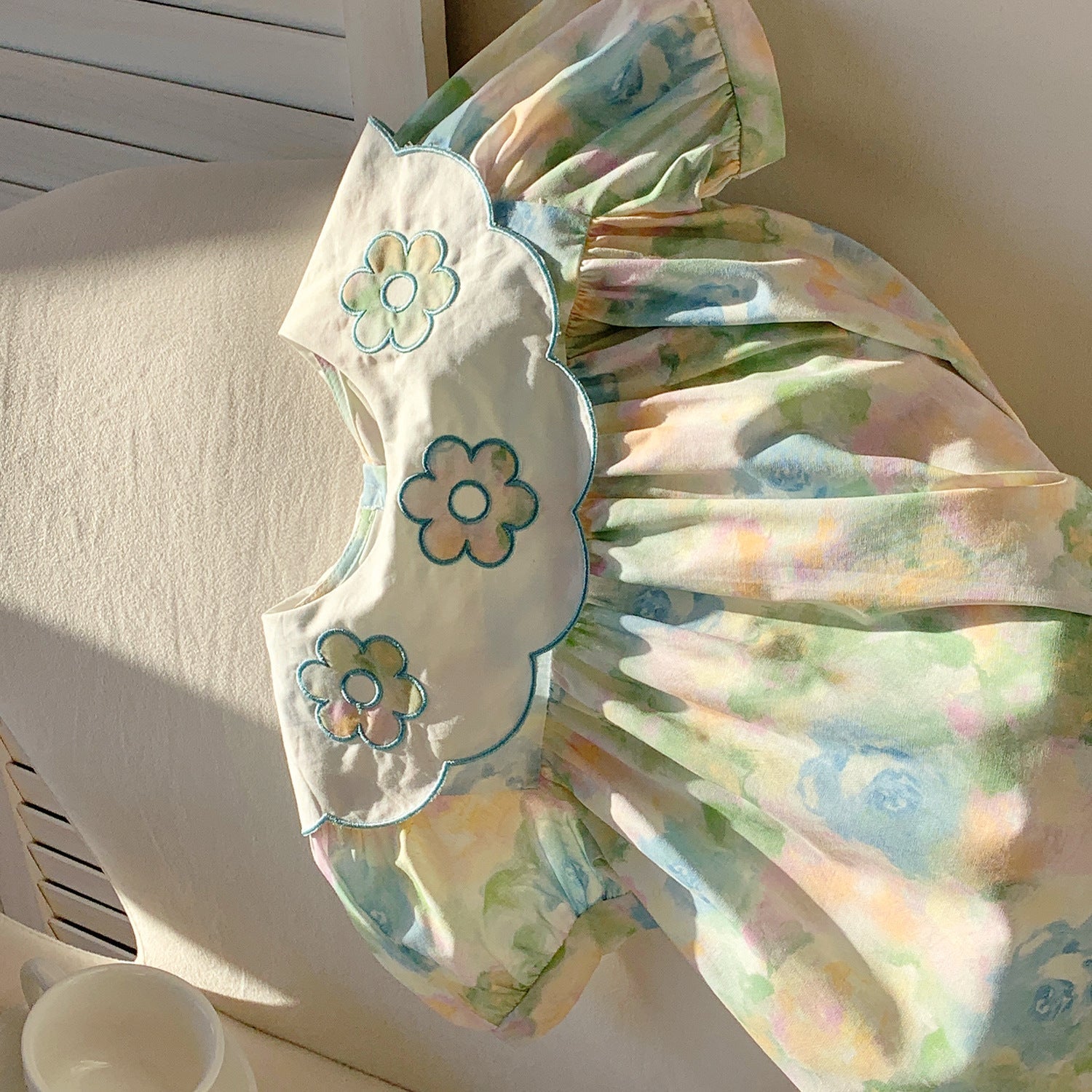 Summer Baby Kids Girls Short Sleeves Oil-Painting Flowers Pattern Dress-4
