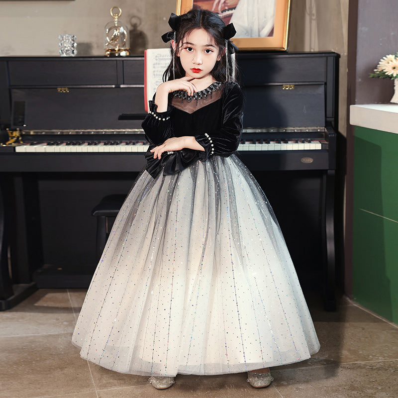 Princess Black Bow Birthday Dress For Girls: Luxurious Long-Sleeved Piano Performance Attire , Perfect For Spring Celebrations-3
