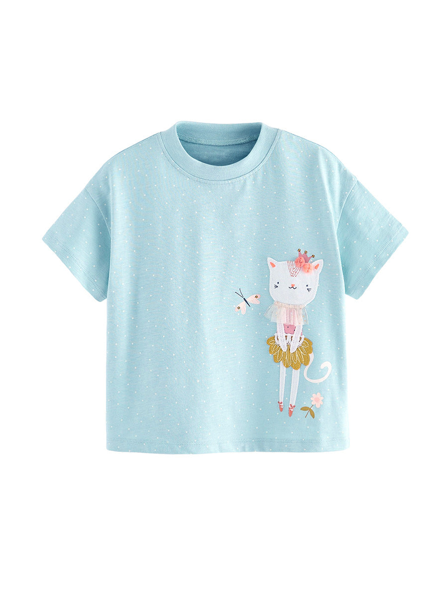Kids’ Kitten Cartoon Pattern Short Sleeves T-shirt in European and American Style for Summer-0