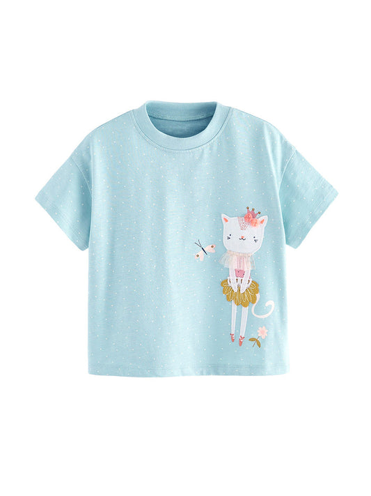 Kids’ Kitten Cartoon Pattern Short Sleeves T-shirt in European and American Style for Summer-0