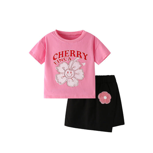 Summer Baby Kids Flowers and Letters Pattern T-shirt and Skirt Clothing Set for Girls-0