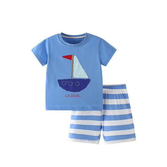 Summer Baby Kids Geometric Boat Pattern T-shirt and Shorts Clothing Set for Boys-0