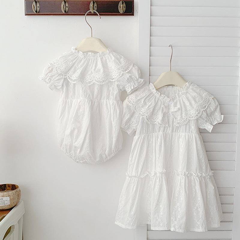 Summer Baby Girls French-style Floral Embroidery Pattern Short-sleeved Plain Onesies or Dress â€“ Princess Sister Matching Set-3