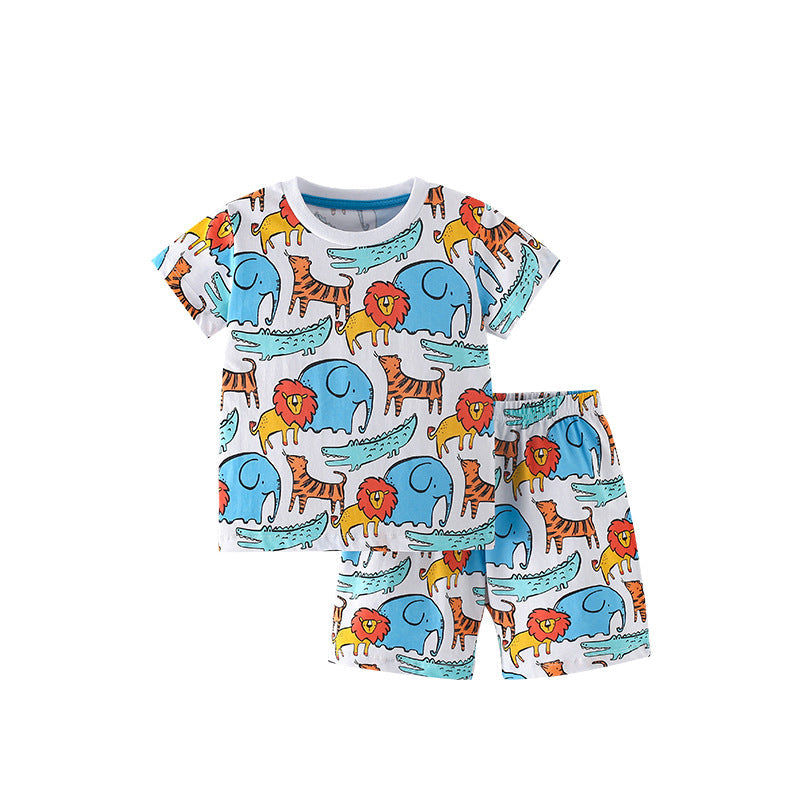 Summer Baby Kids Cartoon Lions and Elephants Pattern T-shirt and Shorts Clothing Set for Boys-0