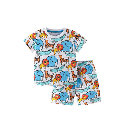 Summer Baby Kids Cartoon Lions and Elephants Pattern T-shirt and Shorts Clothing Set for Boys-0
