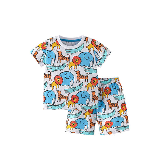 Summer Baby Kids Cartoon Lions and Elephants Pattern T-shirt and Shorts Clothing Set for Boys-0
