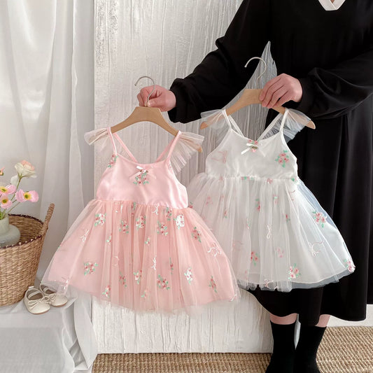 Summer Arrival Baby Girls Flowers Embroidered Tulle Design Sleeveless Dress-1