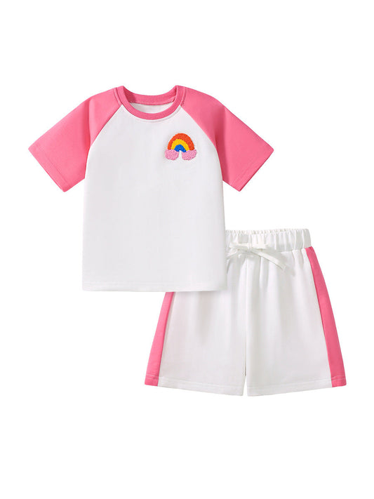 Summer Baby Kids Rainbow Cartoon Pattern T-shirt and Shorts Clothing Set for Girls-0
