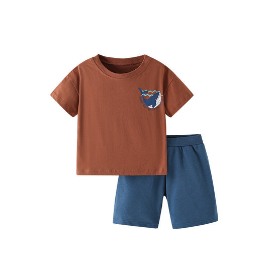 Summer Baby Kids Animals Cartoon Pattern T-shirt and Shorts Clothing Set for Boys-0