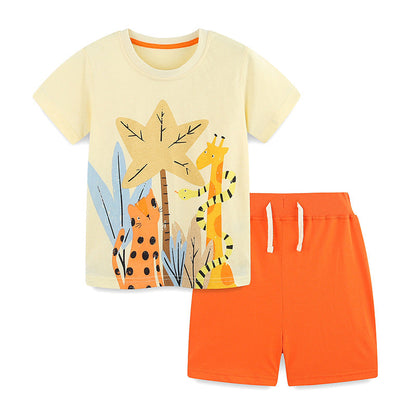 Summer Baby Kids Jungle Animals Cartoon Pattern T-shirt and Shorts Clothing Set for Boys-0