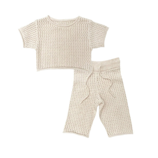 Summer Hot Selling Baby Kids Short Sleeves Plain Hollow-out Knitted Top and Pants Casual Clothing Set-1