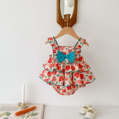 New Arrival Summer Baby Kids Girls Heart Pattern Sleeveless Big Bow Strap Onesies-3