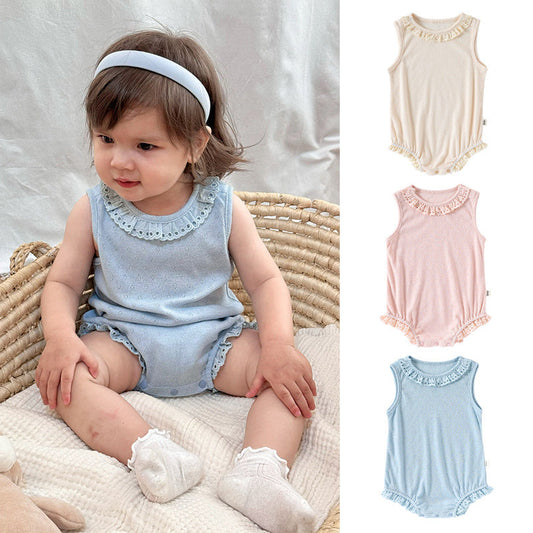 Summer Arrival Baby Girls Hollow-out Pattern Onesies Bodysuits with Collar-0