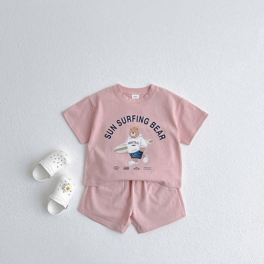 Summer Baby Kids Unisex Casual Letters and Teddy Bear Pattern Short Sleeves Top Shirt and Shorts Clothing Set-1