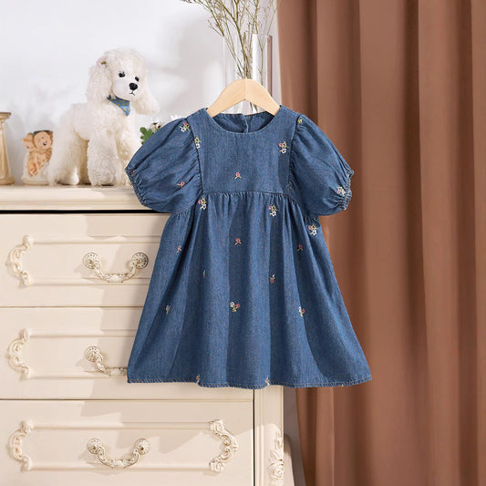 Summer Baby Kids Girls Denim Short Sleeves Flowers Pattern Embroidered Dress-0