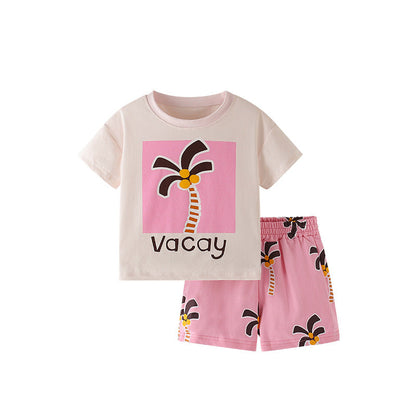 Summer Baby Kids Cartoon Coconut Palm Pattern T-shirt and Pink Shorts Clothing Set for Girls-0
