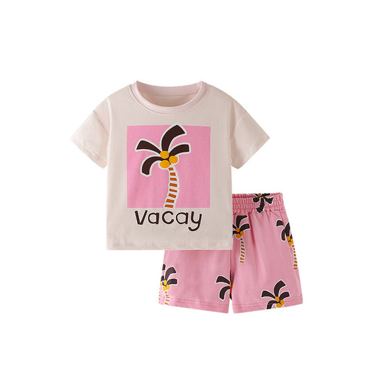 Summer Baby Kids Cartoon Coconut Palm Pattern T-shirt and Pink Shorts Clothing Set for Girls-0