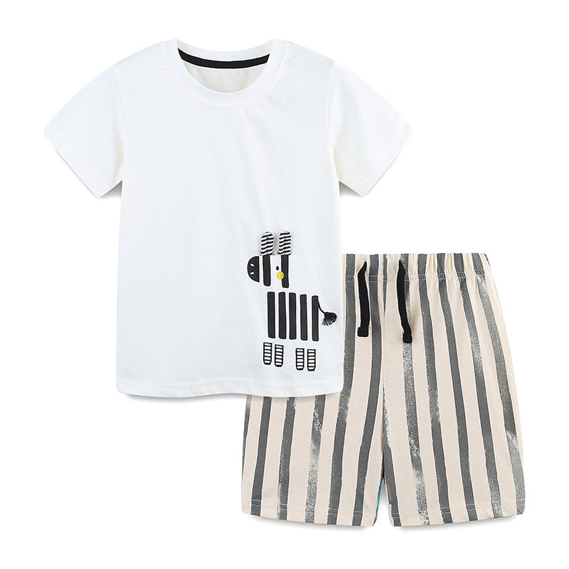 Summer Baby Kids Animals Cartoon Pattern T-shirt and Striped Shorts Clothing Set for Boys-4