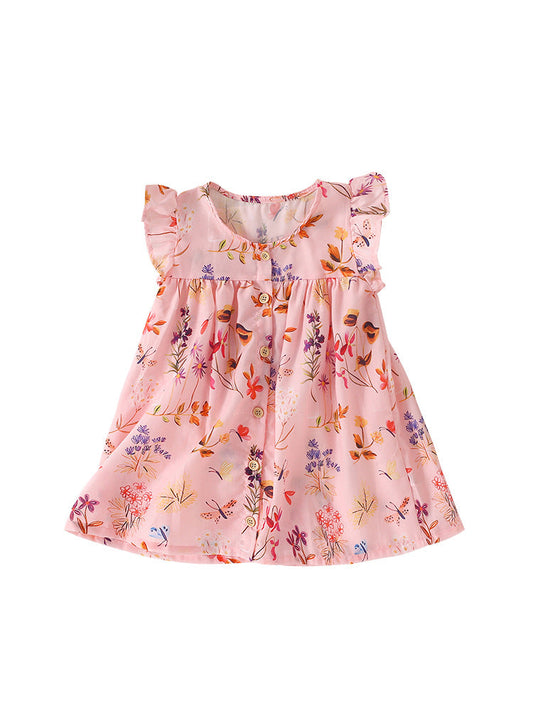 Summer New Design Girls’ Flowers Pattern Fly Sleeves Single Breasted Crew Neck Dress-0