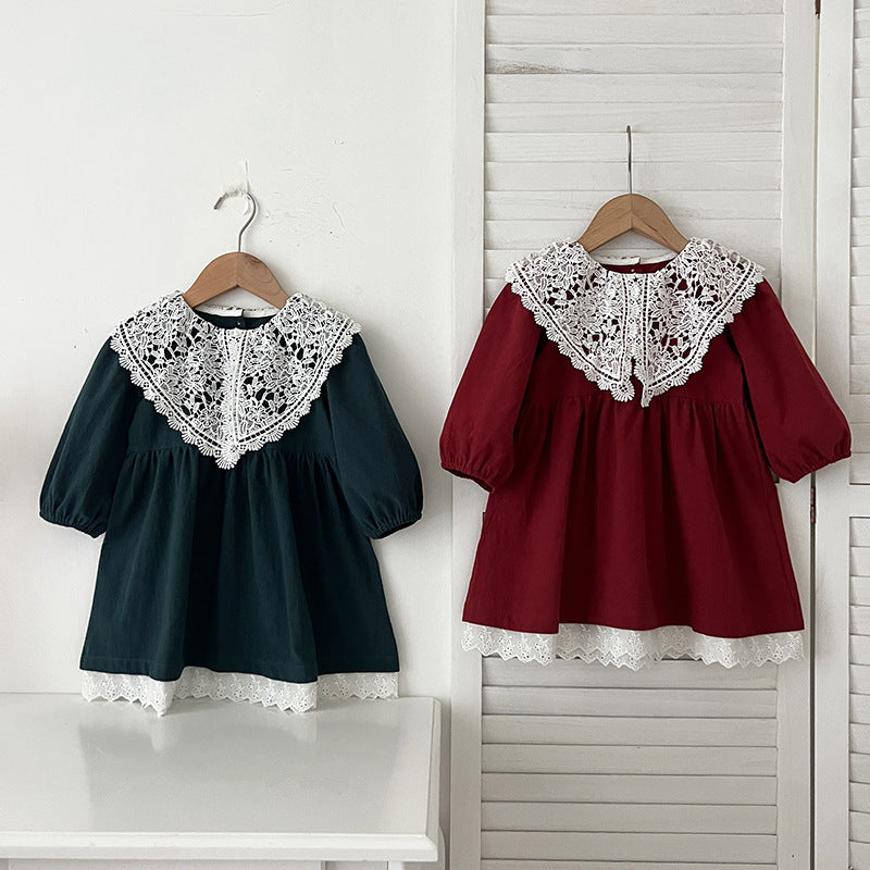 Arrival Autumn Baby Kids Girls Long Sleeves Vintage Hollow-out Lace Collar Dress-3