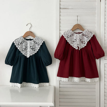 Arrival Autumn Baby Kids Girls Long Sleeves Vintage Hollow-out Lace Collar Dress-3