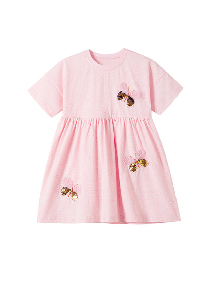 Summer Arrival Sequin Butterfly Pattern Short Sleeves Pink Dress for Stylish Girls-0