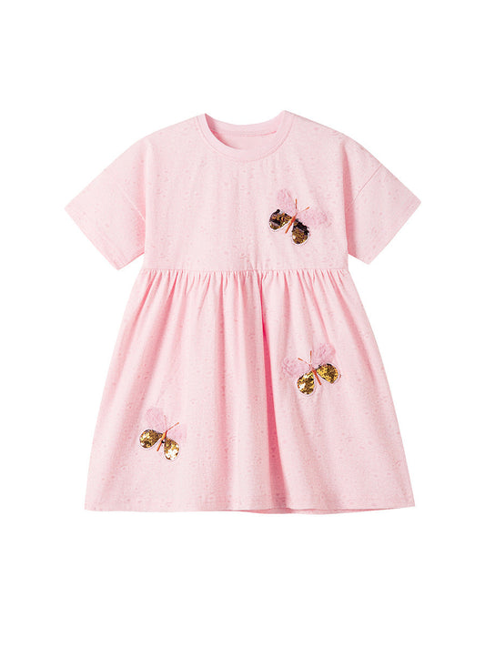 Summer Arrival Sequin Butterfly Pattern Short Sleeves Pink Dress for Stylish Girls-0