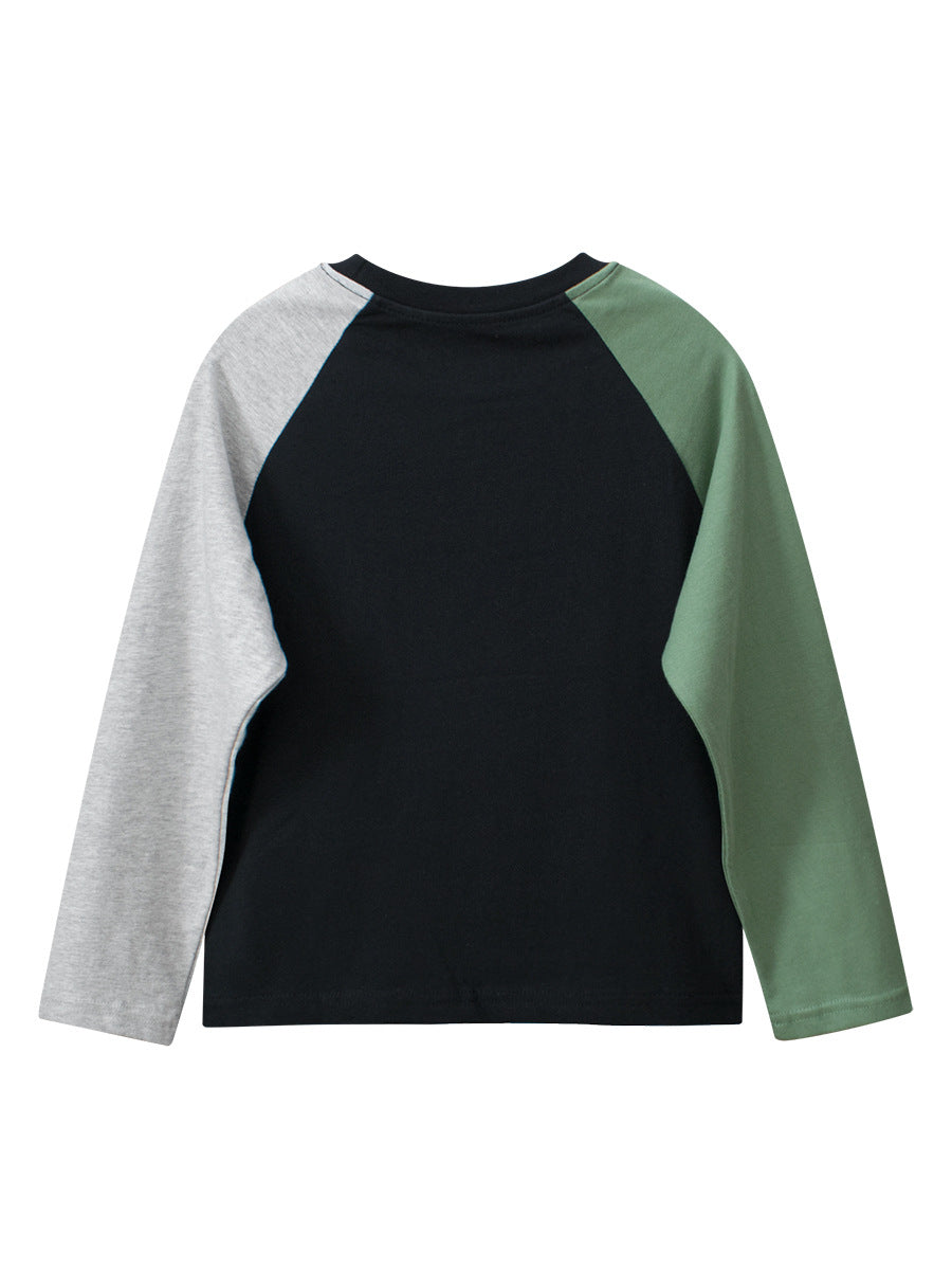 Spring Arrival Kids Dinosaur Logo Crew Neck Long Sleeves Color Patchwork Top-4