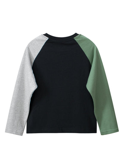 Spring Arrival Kids Dinosaur Logo Crew Neck Long Sleeves Color Patchwork Top-4