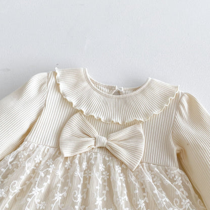 Spring Arrival Baby Girls Cute Floral Embroidered Tulle Long Sleeves Onesies-3