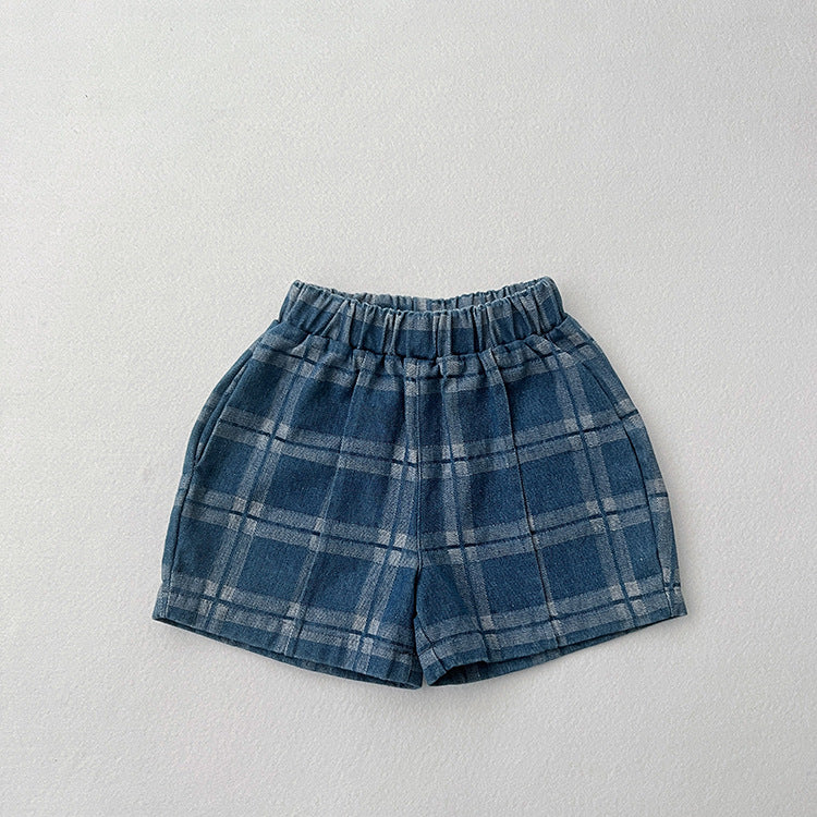 Baby Denim Blue Plaid Pattern Loose Shorts-4