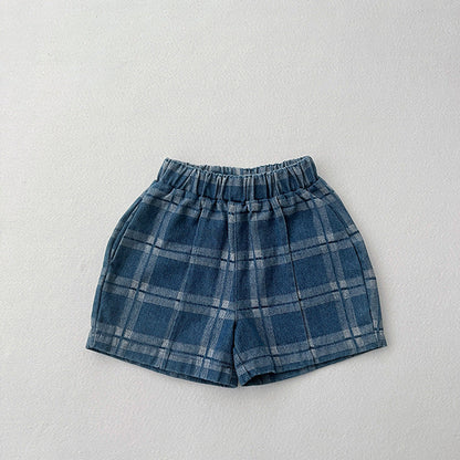 Baby Denim Blue Plaid Pattern Loose Shorts-4
