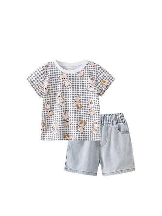 Summer Baby Kids Girls Teddy Bear Pattern Plaid Crew Neck Shirt And Denim Shorts Clothing Set-0