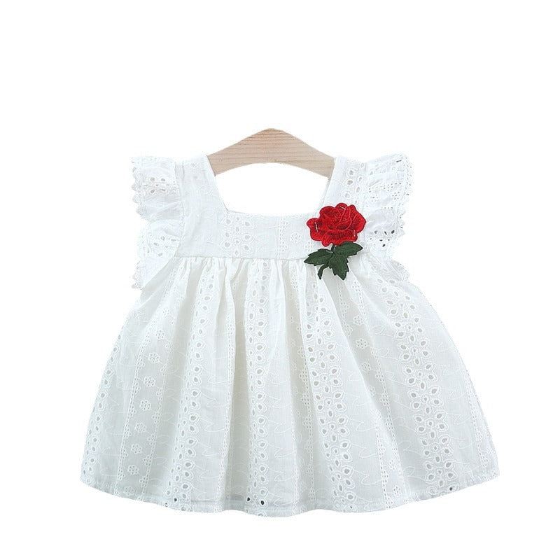 Summer Hot Selling Baby Kids Girls Hollow Out Flowers Pattern Fly Sleeves Square Neck Princess Dress-1